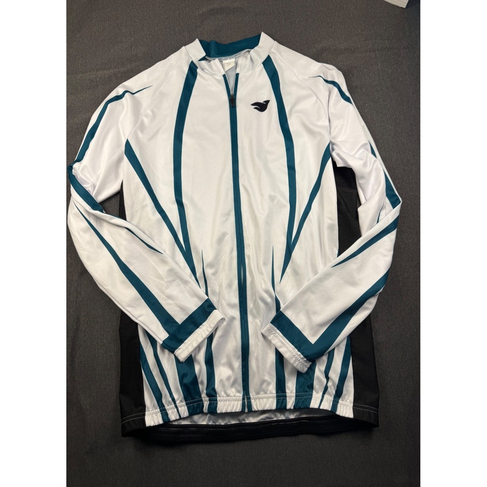 Feixiang Cycling Jacket Full Zip White Teal Stripe Mens US L / EU‎ XL